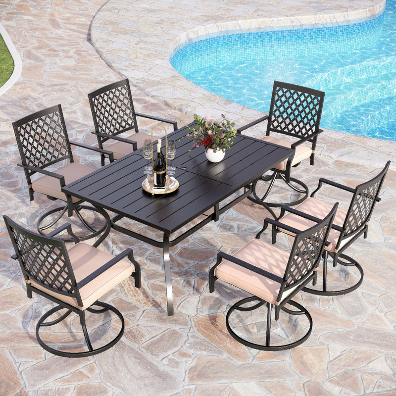 7-Piece Outdoor Patio Dining Set 6 Swivel Chairs and Rectangle Steel Table PHI VILLA