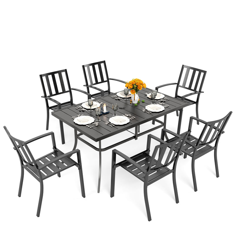 PHI VILLA 7-Piece Patio Outdoor Dining Set With Steel Panel Table and 6 Stackable Chairs