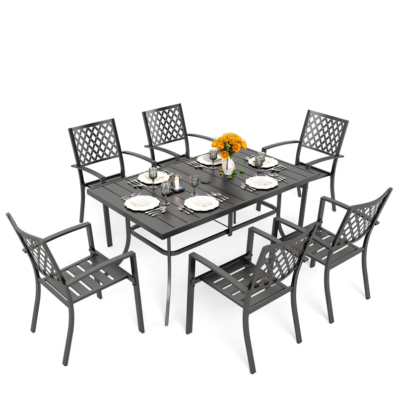 PHI VILLA 7-Piece Patio Outdoor Dining Set With Steel Panel Table and 6 Stackable Chairs