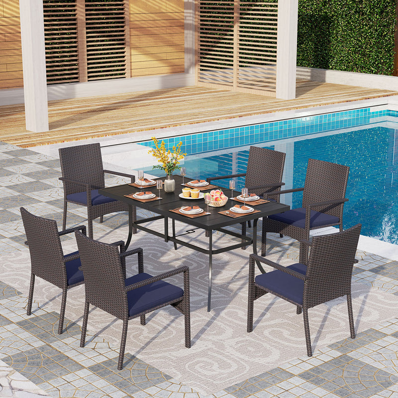 PHI VILLA 7-Piece Outdoor Dining Set with Rattan Cushioned Chairs & Steel Panel Table