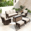 7-Seater Garden Vintage Swivel Rattan Sofa Sets with Fire Pit Table