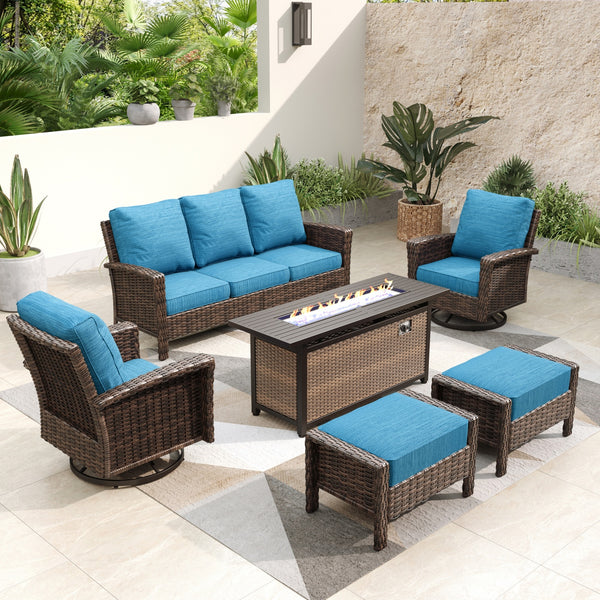 7-Seater Garden Vintage Swivel Rattan Sofa Sets with Fire Pit Table