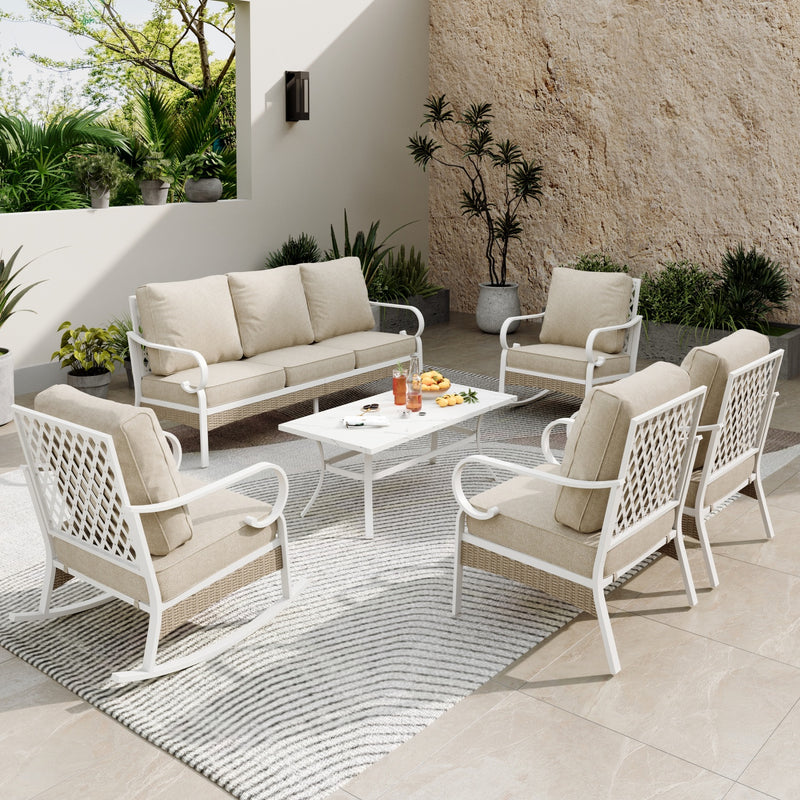 7-Seater Patio Metal All-White Sofa Set with Rattan Edge for Sale