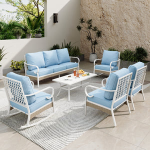 7-Seater Patio Metal All-White Sofa Set with Rattan Edge for Sale