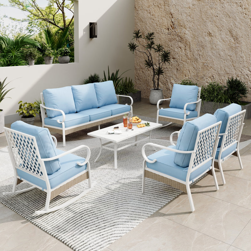 7-Seater Patio Metal All-White Sofa Set with Rattan Edge for Sale