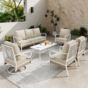 7-Seater Patio Metal All-White Sofa Set with Rattan Edge for Sale