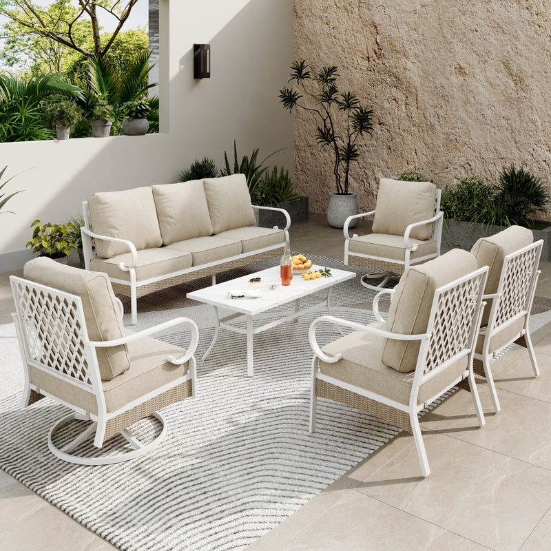 7-Seater Patio Metal All-White Sofa Set with Rattan Edge for Sale