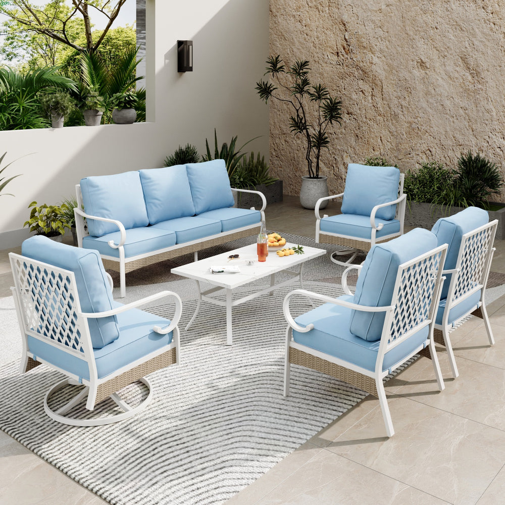 7-Seater Patio Metal All-White Sofa Set with Rattan Edge for Sale