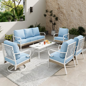 7-Seater Patio Metal All-White Sofa Set with Rattan Edge for Sale