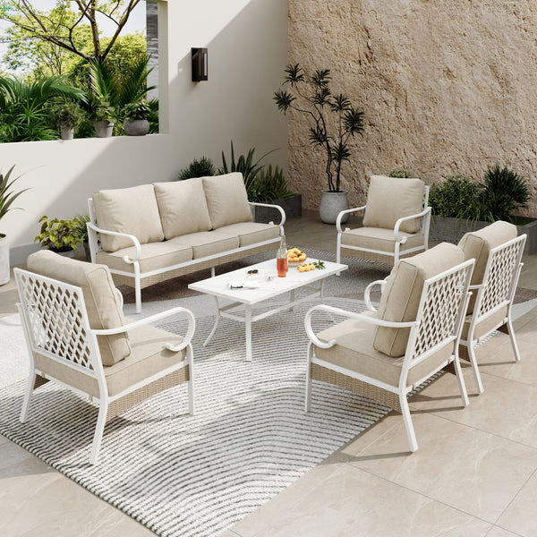 7-Seater Patio Metal All-White Sofa Set with Rattan Edge for Sale