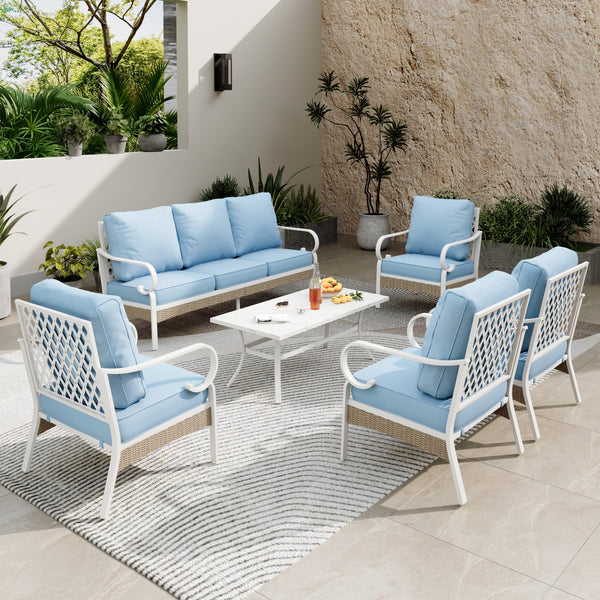 7-Seater Patio Metal All-White Sofa Set with Rattan Edge for Sale