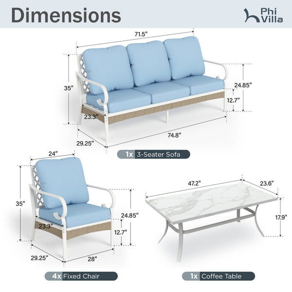 7-Seater Patio Metal All-White Sofa Set with Rattan Edge for Sale