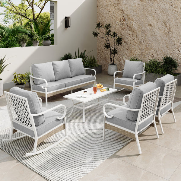 7-Seater Patio Metal All-White Sofa Set with Rattan Edge for Sale