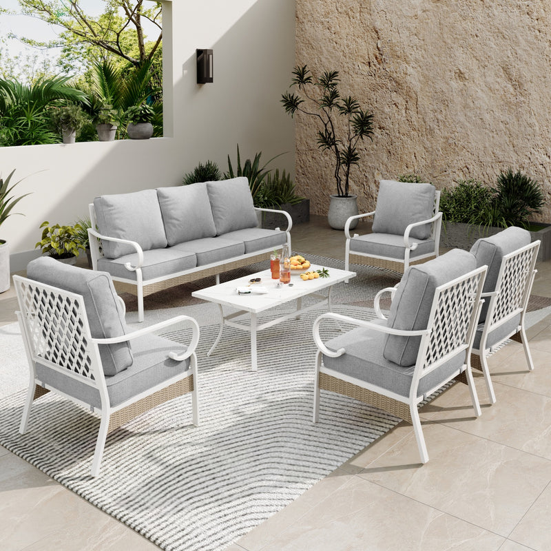 7-Seater Patio Metal All-White Sofa Set with Rattan Edge for Sale