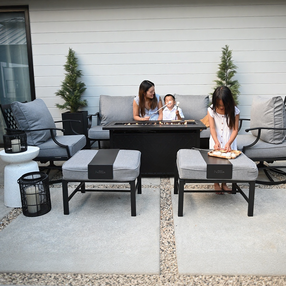 7-Seater Patio Metal Diamond Sofa Set with  Fire Pit Table