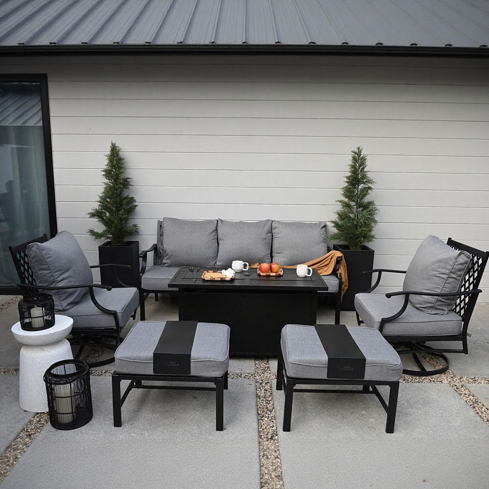 7-Seater Patio Metal Diamond Sofa Set with  Fire Pit Table