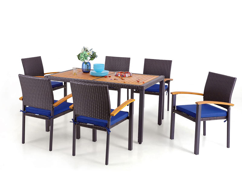7-Piece Patio Outdoor Dining Set With Acacia Wood Rectangle Table and 6 Rattan Wooden Armrest Dining Chairs Phi Villa