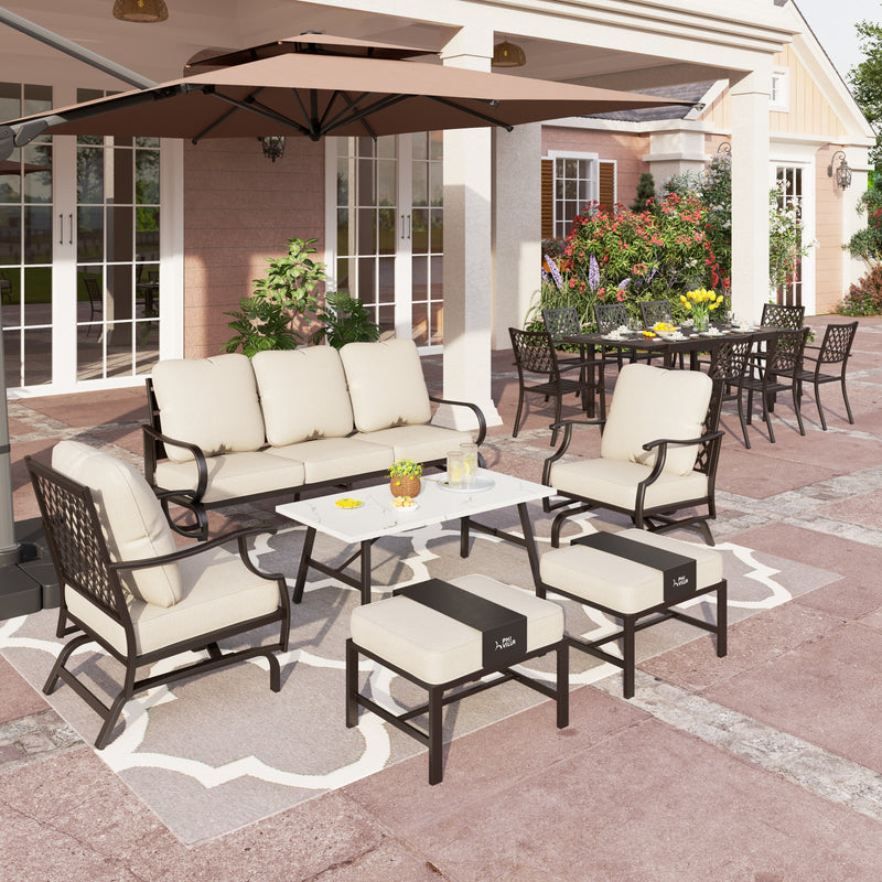 Phi Villa 15-Person Outdoor Patio Furniture Combination Set with Sofa Set, Steel Dining Set, and Square Umbrella