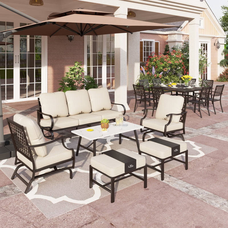 Phi Villa 15-Person Outdoor Patio Furniture Combination Set with Sofa Set, Dining Set, and Umbrella