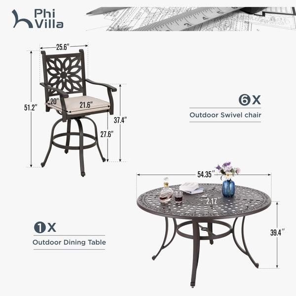 Cast Aluminum High Bar Dining Set with Round Table and 6 Swivel Barstools