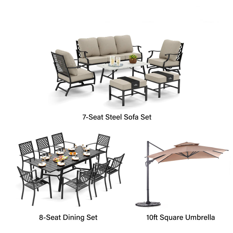Phi Villa 15-Person Outdoor Patio Furniture Combination Set with Sofa Set, Steel Dining Set, and Umbrella