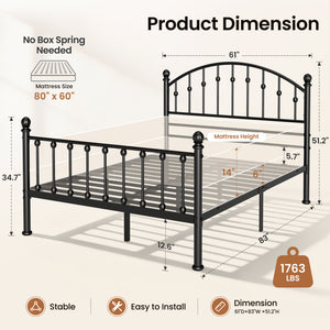 Arched Metal Bed Frame with Unique Bud Finials, High Headboard  & Under-Bed Storage