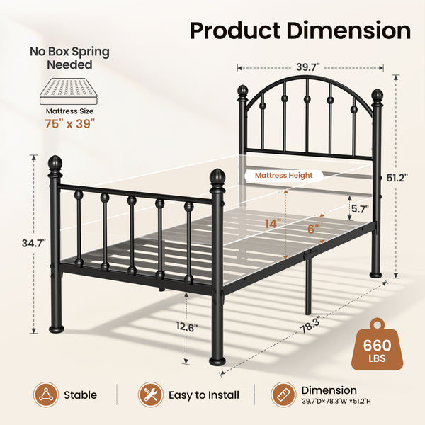 Arched Metal Bed Frame with Unique Bud Finials, High Headboard  & Under-Bed Storage