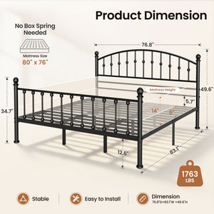 Arched Metal Bed Frame with Unique Bud Finials, High Headboard  & Under-Bed Storage