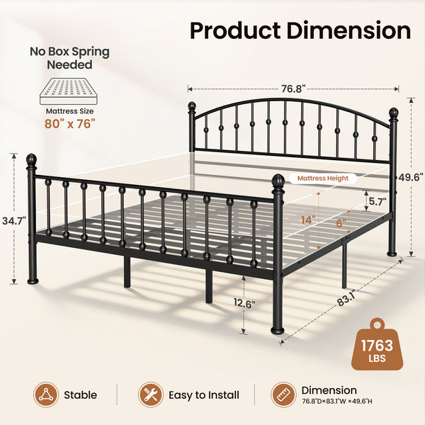 Arched Metal Bed Frame with Unique Bud Finials, High Headboard  & Under-Bed Storage