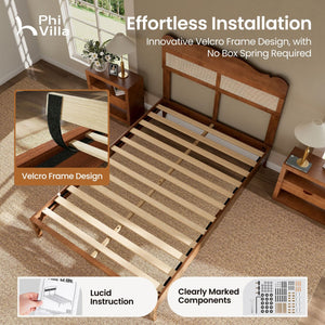 Phi Villa Classic Style Wooden Bed Frame with Rattan Headboard