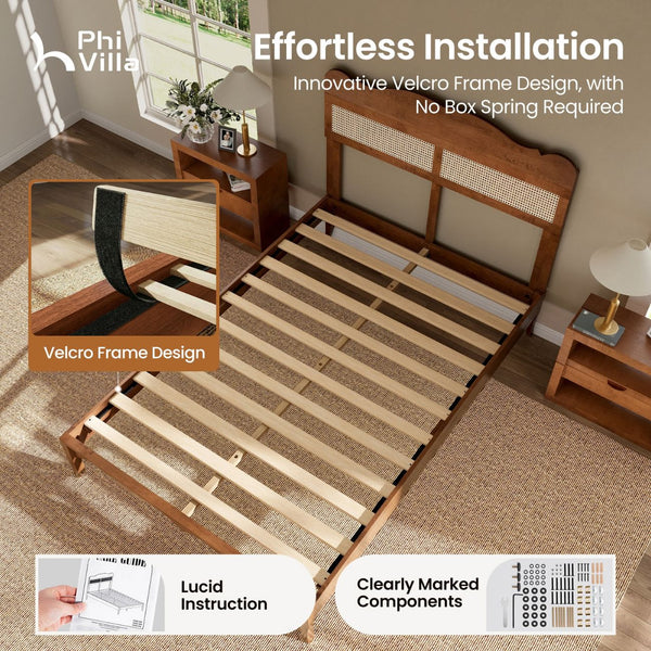 Phi Villa Classic Style Wooden Bed Frame with Rattan Headboard