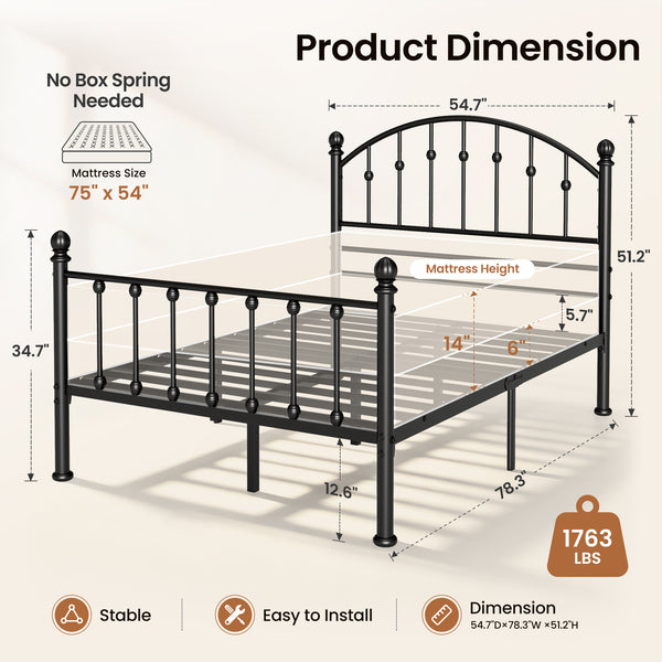 Arched Metal Bed Frame with Unique Bud Finials, High Headboard  & Under-Bed Storage