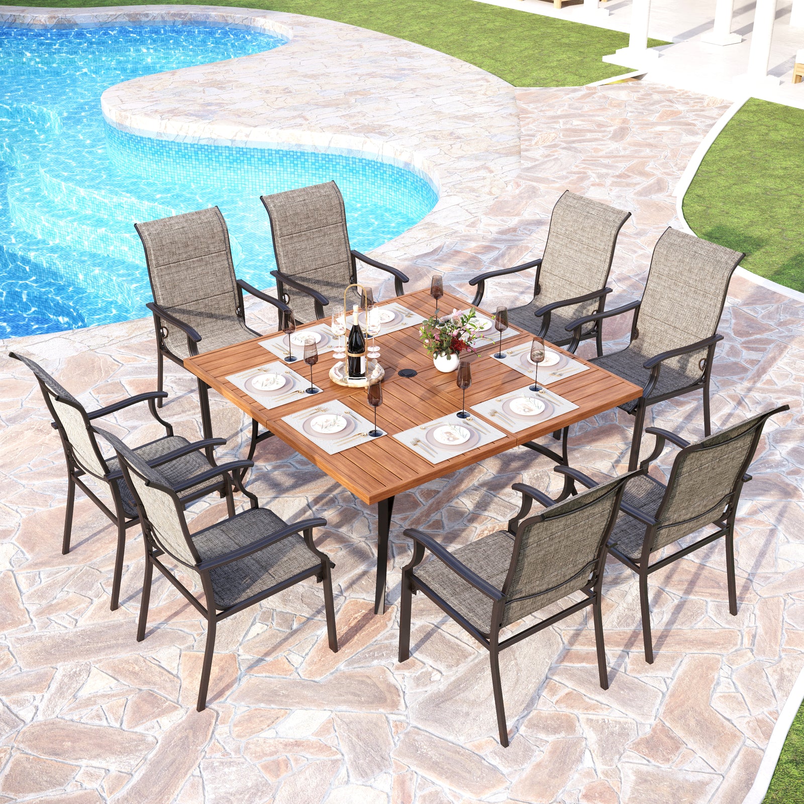 8Seat Patio Dining Set with Woodlike Table & Highback Fixed Chairs f