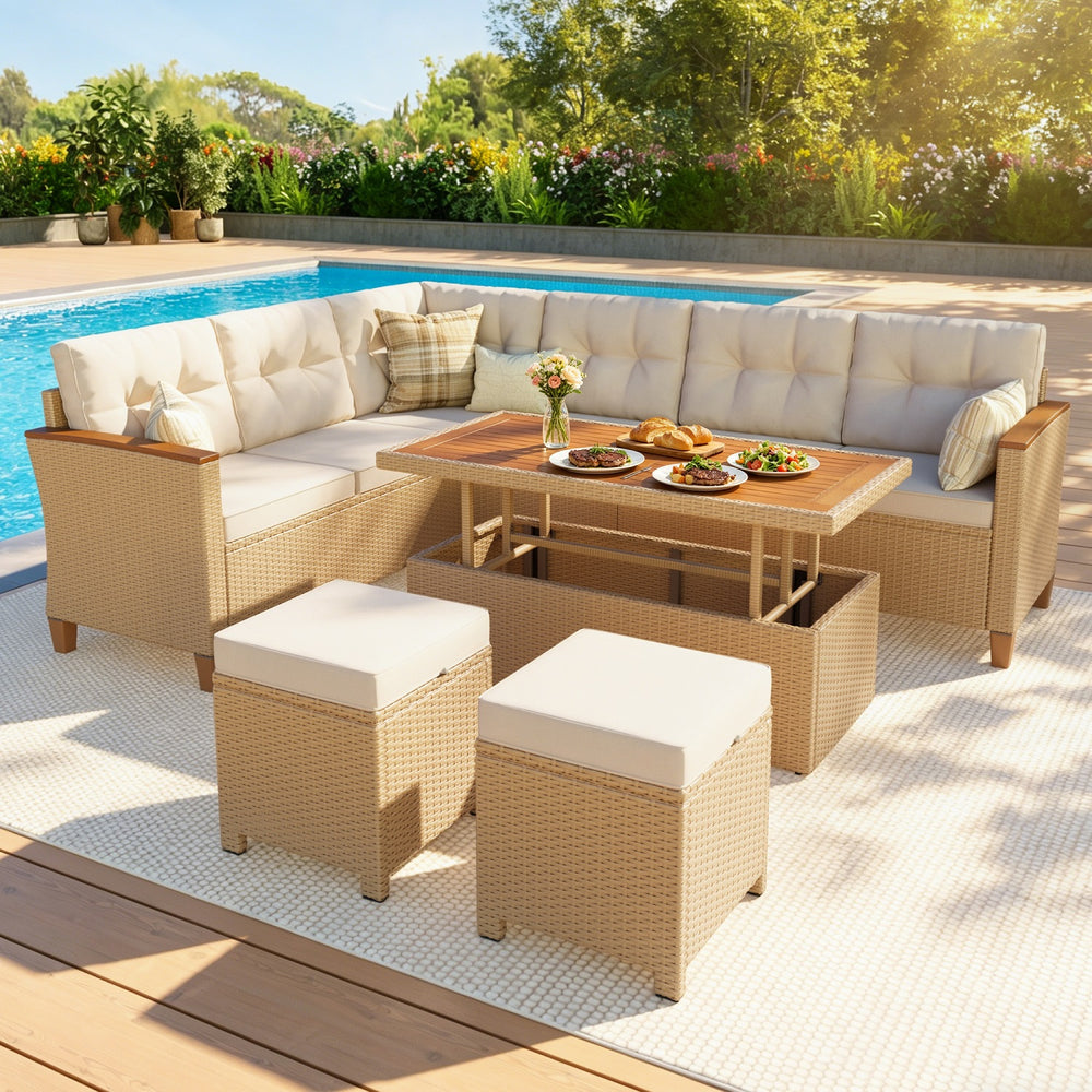 8-Seat Patio Modular Sofa Set with Lift Top Table