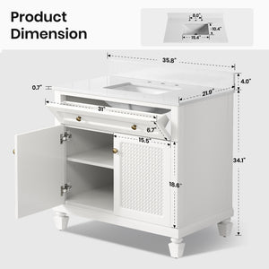 36 inch Solid Wood Single Bathroom Vanity with Marble Top