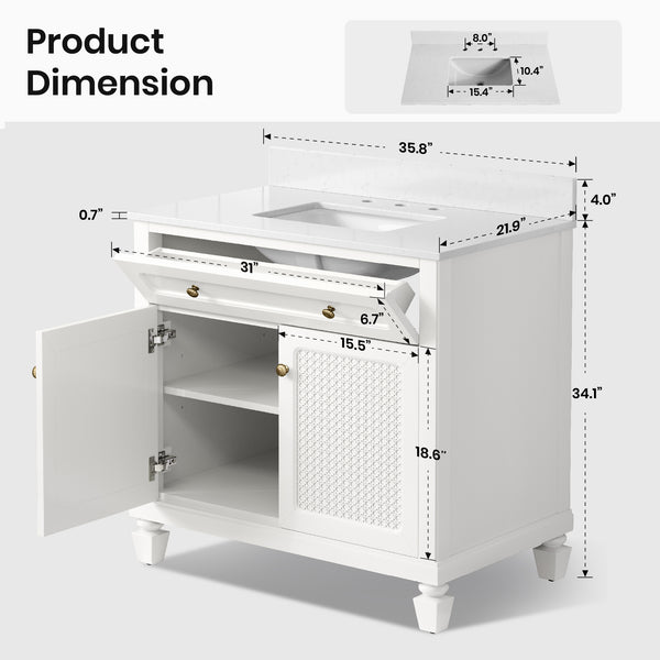 36 inch Solid Wood Single Bathroom Vanity with Marble Top