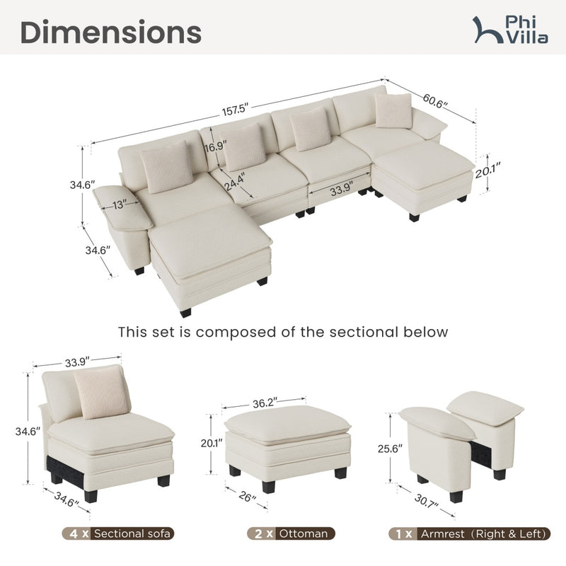 Phi Villa Large Living Room Modular Sectional Couch Chenille with Ottoman