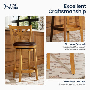 360° Swivel Farmhouse Wood Bar Stools with Patented K-Shaped Back
