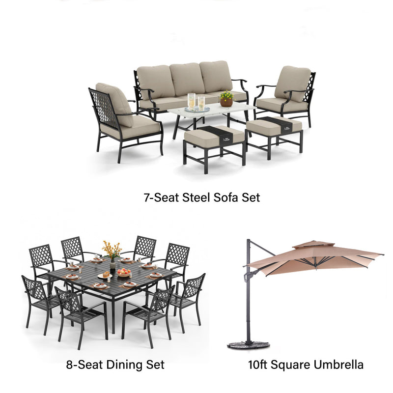 Phi Villa 15-Person Outdoor Patio Furniture Combination Set with Sofa Set, Dining Set, and Umbrella