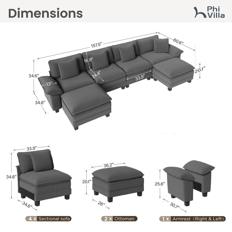 Phi Villa Large Living Room Sofa Couch Corduroy