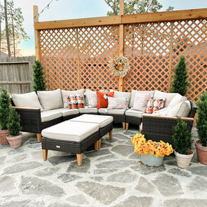 Phi Villa 9-Seater Patio Wicker Sofa With Multi-functional Ottomans