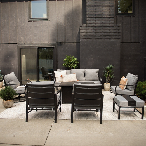 9-Seater Patio Metal Wave Sofa Sets With Fire Pit Table