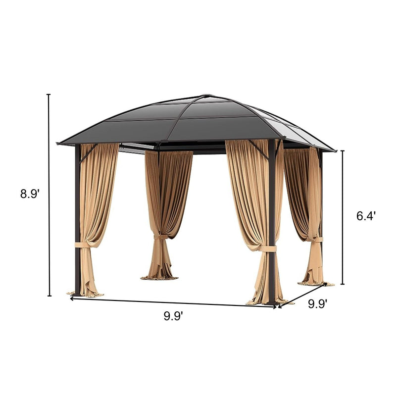 PHI VILLA Deluxe 10' x 10' Hardtop Gazebo with Curved Metal Roof, Curtains, and Netting - Stylish Patio Oasis