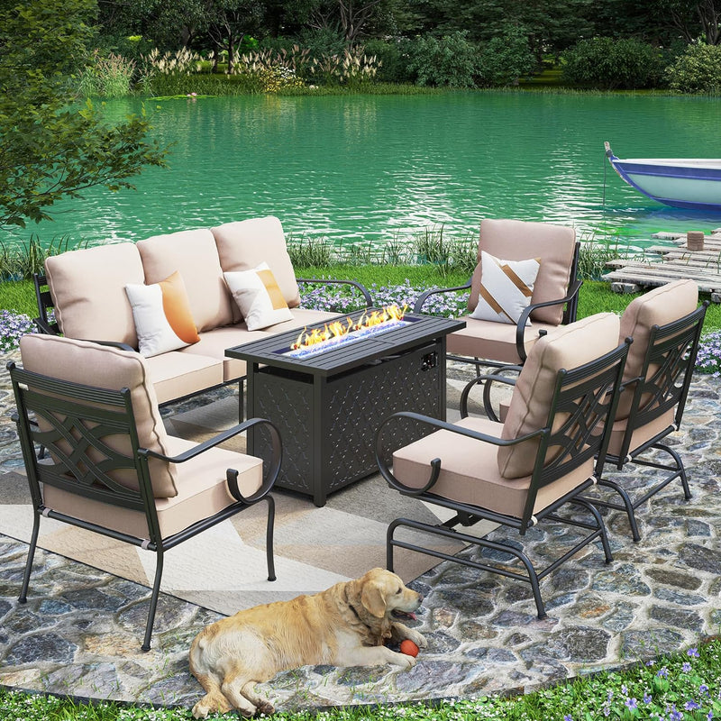 Phi Villa 7-Seater Outdoor Elegant Steel Conversation Sofa Set With Fire Pit Table