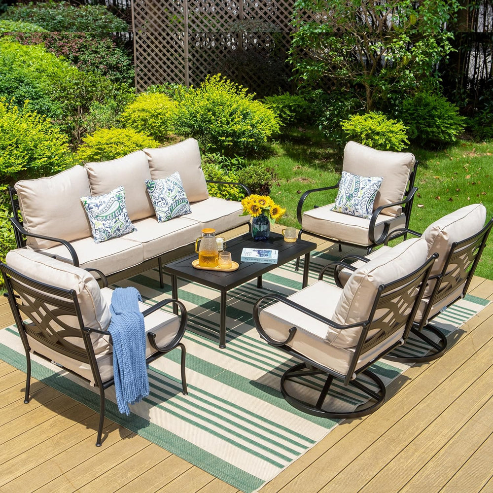 7-Seater Patio Metal Stable and Swivel Vines Sofa Set with Coffee Table