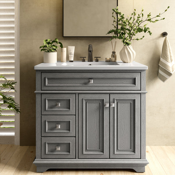 36 inch Single Sink Solid Wood Bathroom Vanity with Integrated Ceramic Basin