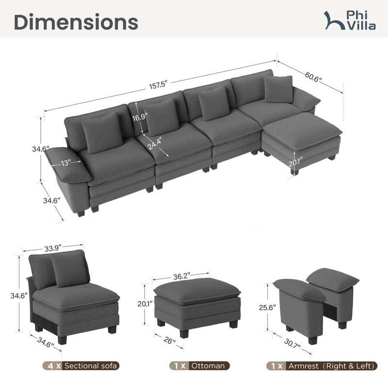 Phi Villa Large Living Room Sofa Couch Corduroy
