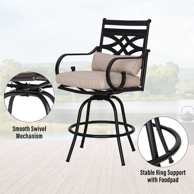 PHI VILLA Outdoor Steel Swivel Cushioned Bar Stools With Pillows