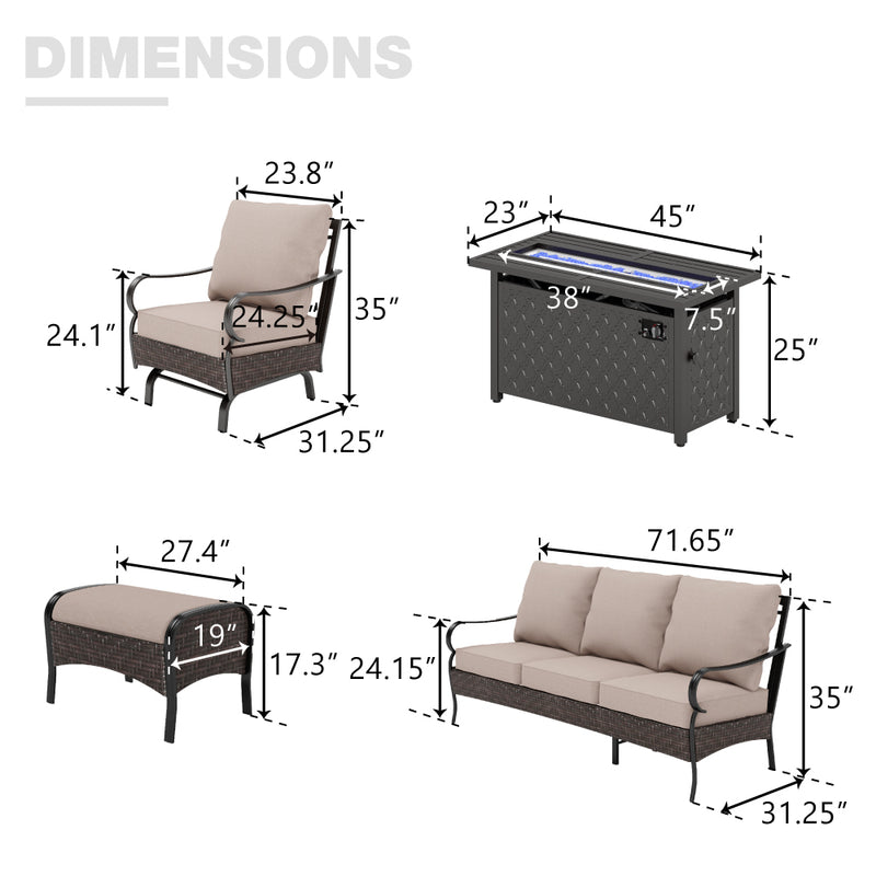 Phi Villa 9-Seat Outdoor Steel & Rattan Conversation Sofa Set With Leather Grain Fire Pit Table