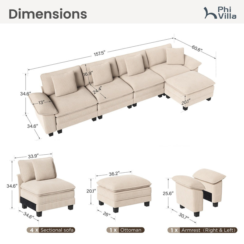 Phi Villa Large Living Room Sofa Couch Corduroy